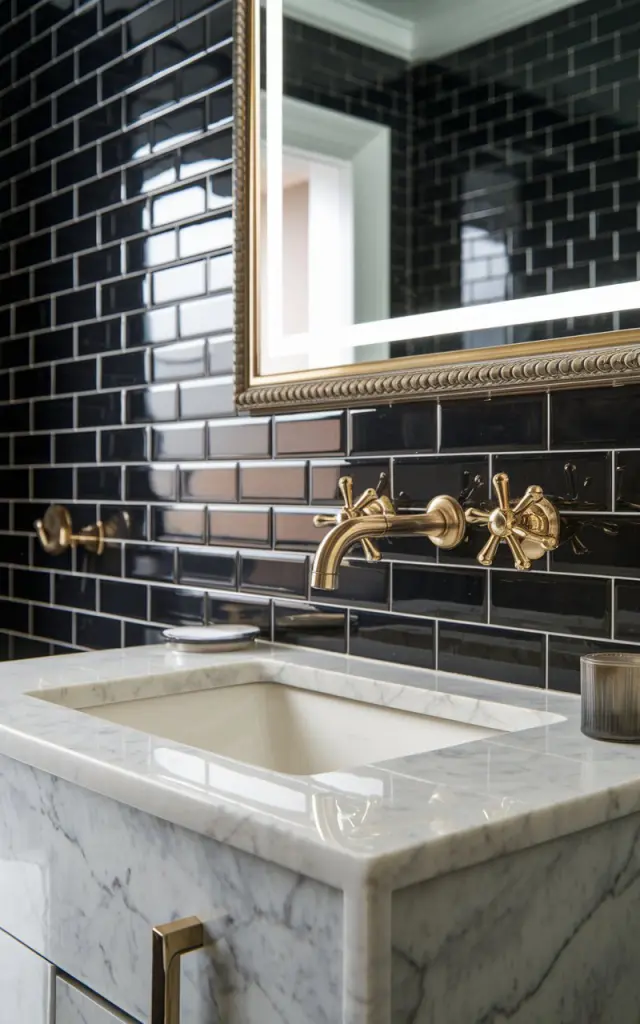 A photo of a Hollywood glam bathroom with a sleek, marble-topped vanity and a wall-mounted gold faucet. The wall behind the vanity features a glossy, high-contrast black tile. A large, backlit mirror with a metallic frame adds drama. The vanity and bathroom are fully furnished. The photo focuses on a close view of the wall-mounted faucet.