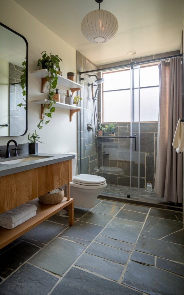 A photo of a Japandi + Asia Zen bathroom with large-scale stone floor tiles. The bathroom is fully furnished with a vanity, mirror, wall-mounted toilet, shower area with glass door, curtained window, plants, open shelves, and a Japandi-style pendant light. The focus is on the floor. The natural light is soft and filtered.