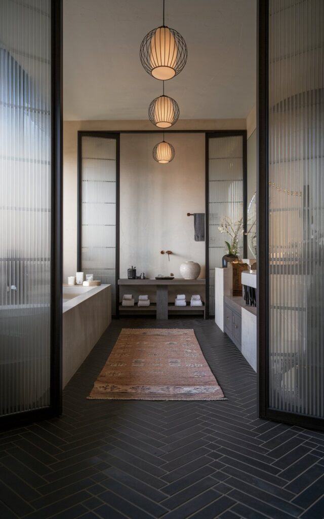A photo of a Japandi and Asian Zen bathroom with a black herringbone tile floor and a luxe rug. The bathroom is fully furnished with functional elements and accessories. The ceiling has pendant lights that are turned on. The space gives a spa-vibe, and it is calm and inviting. The natural light is filtered and soft. The focus is on the floor.