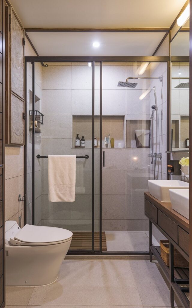 A Japandi chic look bathroom with a sliding glass door shower area and a towel bar attached to the door. The bathroom is furnished with a toilet, a sink, and a storage shelf. The shower area has a drain and a mat. The room has soft, mild natural lighting.