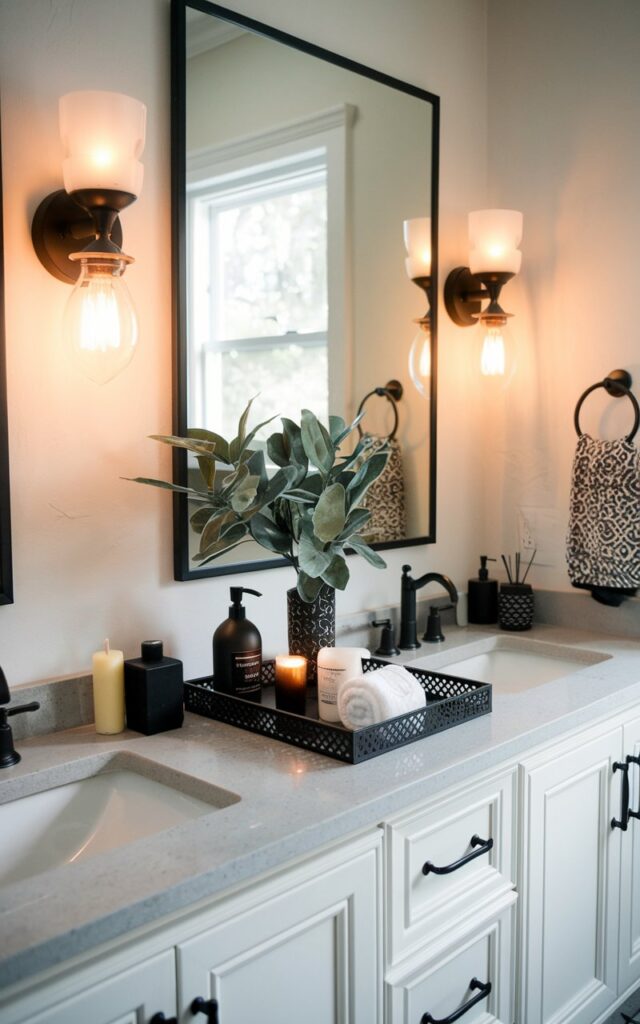 A photo of a Japandi + rustic style bathroom with a vanity having black accessories: soap dispensers, decorative trays, and hand towels. The vanity has essential items, a faux plant, scented candles, etc. The bathroom is fully furnished with functional elements. Wall scones on either side of the vanity (warm light on).