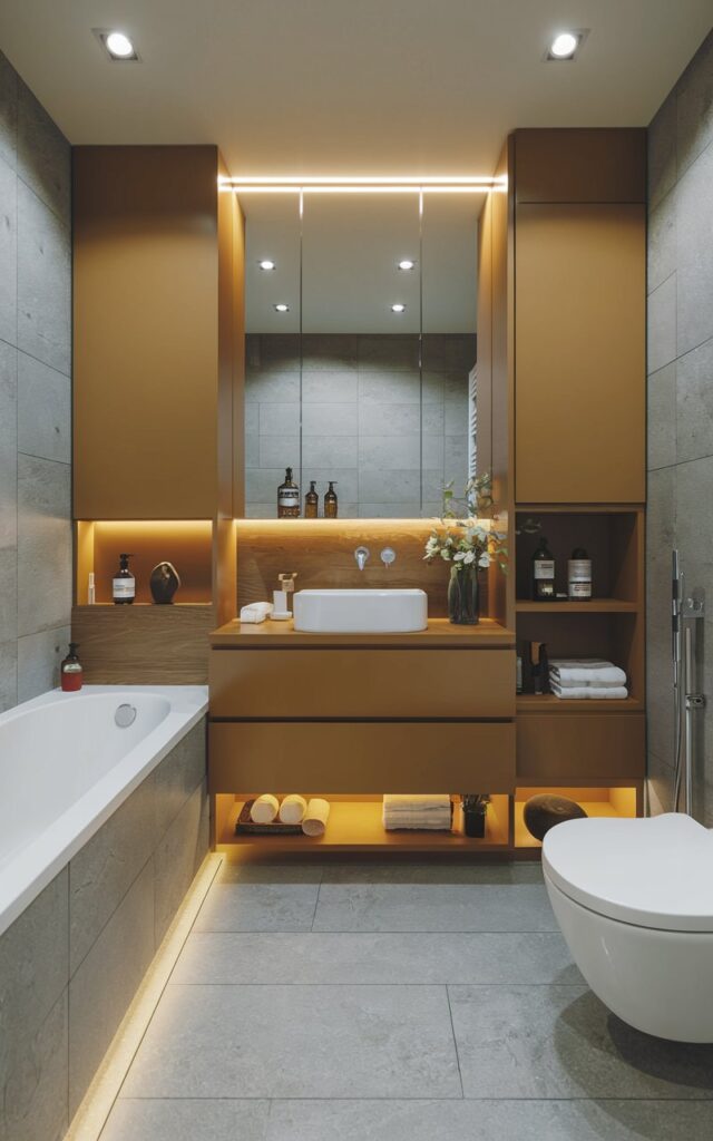 A Japandi style modern bathroom (fully furnished) having warm LED strip lighting under cabinets.