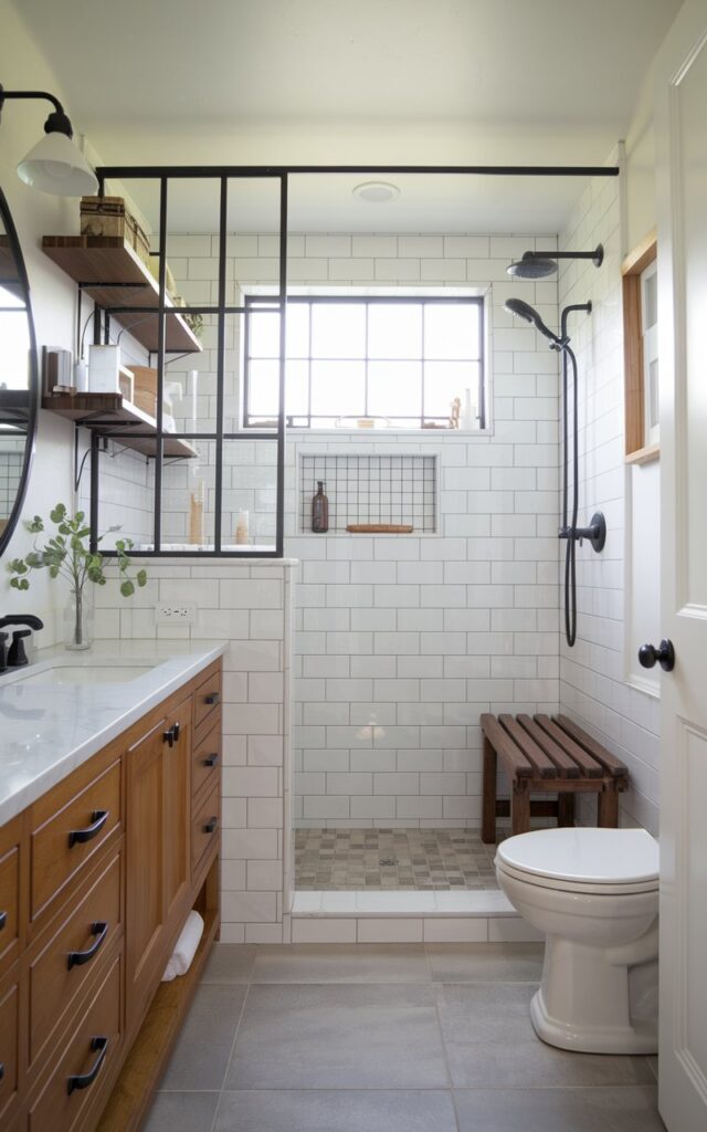 A photo of a Japandi style bathroom with a small, full, and charming layout. The room utilises maximum space for storage, with floating shelves and a built-in cabinet. There is a large shower area with a bench. The space is well decorated, well organized, and clutter-free, with a white vanity, black fixtures, and wooden elements. The floor is tiled with large grey tiles.