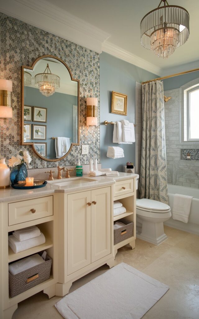 A photo of a maximalist bathroom with a pop of color mosaic tiles as a backsplash. The bathroom is fully furnished with functional and storage elements, including a vanity with a sink, a toilet, and a bathtub. There are also essential items such as a bathmat, towels, and a candle. The room has a luxurious touch with gold fixtures and a chandelier. The walls are painted in a soft blue hue, and the floor is covered in beige tiles.