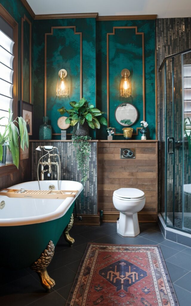 A photo of a maximalist style full bathroom with emerald green designer wallpaper and wood accents. There is a freestanding bathtub with gold legs, a toilet, and a shower area with a glass door. The bathroom has a few plants, decorative items, wall scones for warm lighting, and a floor rug. The space looks glam, clutter-free, and bold.