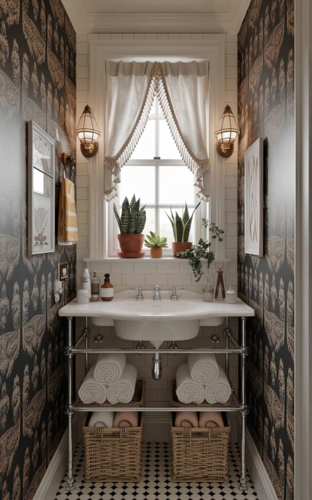 A maximalist style bathroom with a small footprint that uses every inch of space for storage and organization. The room is adorned with a bold, print wallpaper on one wall. There are a few cute plants on the window sill, which has a curtain. The room contains decorative towels rolled in baskets under the sink. Wall sconces illuminate the space. The bathroom is well decorated and clutter-free.