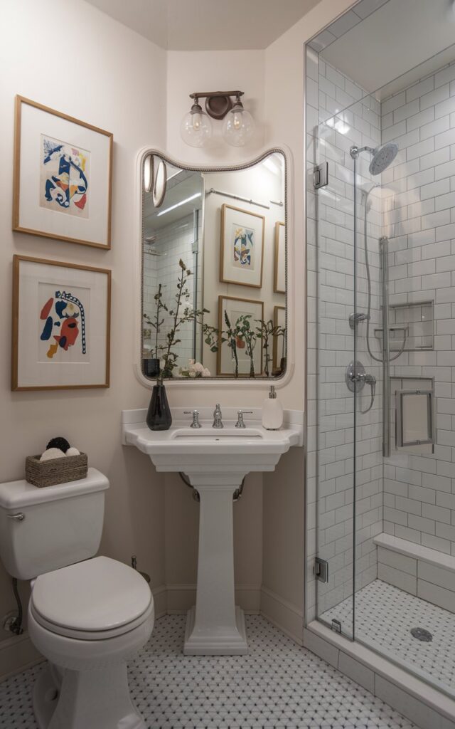 A maximalistic small bathroom with a corner pedestal sink, a toilet, and a glass door shower area. The bathroom is well-furnished and decorated, with a few framed art pieces on the wall surrounding the corner sink. The lighting is ambient, soft, and filtered.
