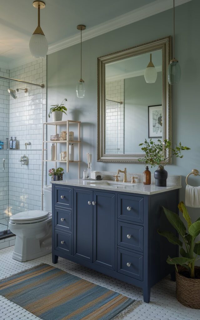 A photo of a maximalist-style bathroom with a navy blue vanity, a framed mirror, calm lighting, and essential items neatly arranged on the vanity. The bathroom also has a toilet, shower area, and a few plants. There is a rug on the floor and pendant lights on the ceiling. The natural light is soft.