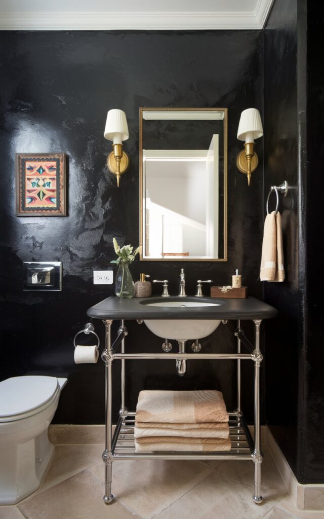A Mediterranean-inspired bathroom with a black Venetian plaster wall. There are wall sconces on either side of the mirror above the vanity. On the wall to the left of the mirror, there's a small tribal framed art piece. The bathroom has a functional elements and accessories, such as a towel rack and a toilet. The floor is tiled.