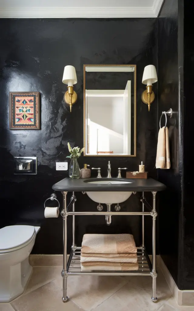 A Mediterranean-inspired bathroom with a black Venetian plaster wall. There are wall sconces on either side of the mirror above the vanity. On the wall to the left of the mirror, there's a small tribal framed art piece. The bathroom has a functional elements and accessories, such as a towel rack and a toilet. The floor is tiled.