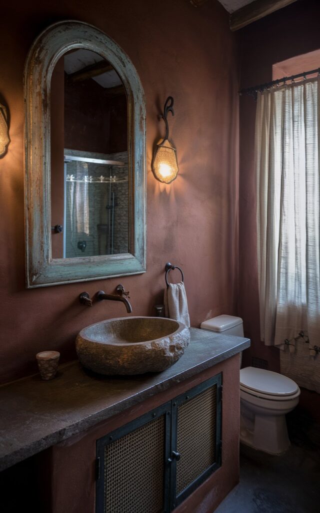 A photo of a Mediterranean-chic moody bathroom. There is an oversized vintage mirror with a beautifully aged patina frame hanging above a stone basin vanity. The vanity is set against deep terracotta walls. The bathroom has a toilet and shower area in the background. There are wrought-iron accents, a soft linen curtained window, and glowing sconces in the room.