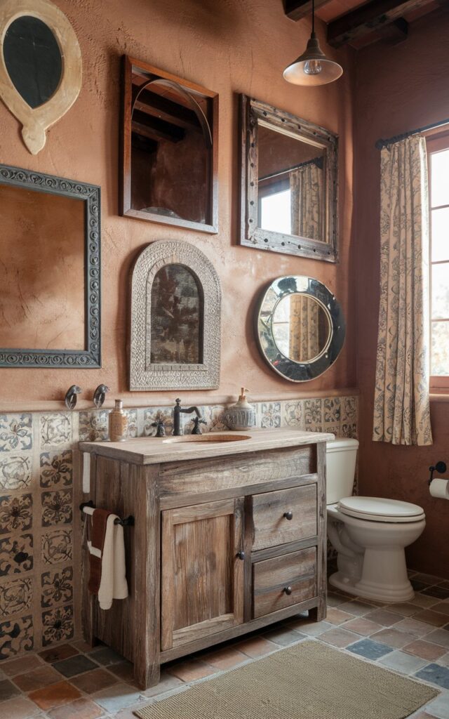 A photo of a Mediterranean-farmhouse bathroom with a gallery wall of 3-4 mirrors. The mirrors have rustic wood, wrought iron, and ceramic frames. They are arranged artfully above a textured stucco wall in warm terracotta tones. The bathroom has a reclaimed wood vanity, hand-painted tiles, and vintage bronze fixtures. There is a vanity, toilet, curtained window, floor rug, and pendant light. The overall ambiance of the bathroom is cozy and sun-kissed.