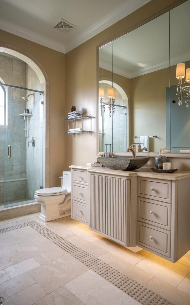 A photo of a luxurious Mediterranean-style full bathroom. The bathroom features a wall-mounted, ribbed vanity with under-cabinet LED lighting. The vanity top is fully furnished with a vessel sink and a faucet. There is a large mirror above the vanity. The bathroom has a spacious feel. There is a toilet and a shower in the bathroom. The floor is tiled with a pattern of beige and white squares. The walls are painted in a soft beige color.