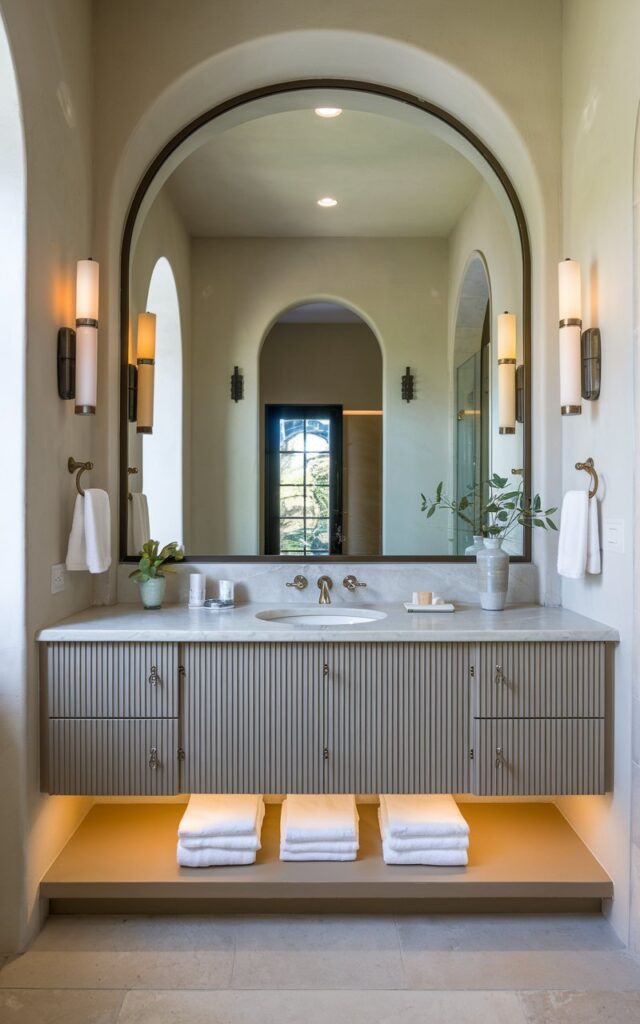 A photo of a Mediterranean full bathroom with a wall-mounted, ribbed vanity that has under-cabinet LED lighting. The vanity top is fully furnished. The room is spacious and luxurious, with a touch of Mediterranean style.