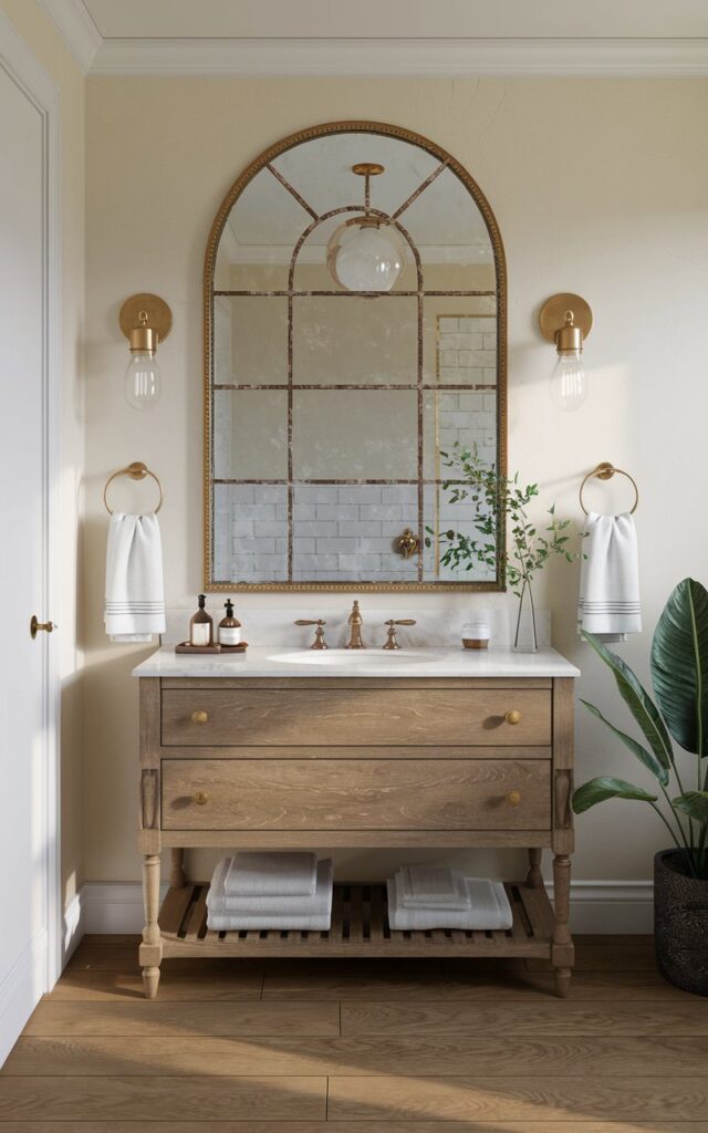 A photo of a Mediterranean-infused English countryside bathroom with a big, arched mirror with a gold-trimmed frame above the vanity. The bathroom and vanity are fully furnished, with a white sink, a gold faucet, and a gold light fixture. There are also white towels and a plant next to the sink. The room has a wooden floor and a beige wall. Morning natural light is ambient throughout the room.