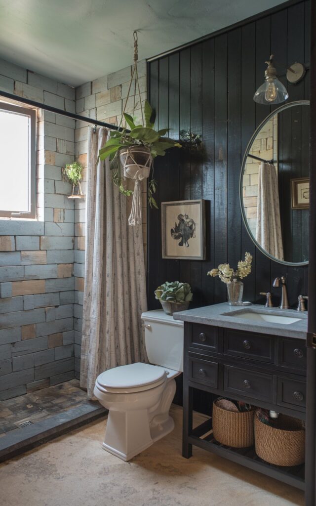 A photo of a rustic Mediterranean bathroom with black wood paneled walls. The bathroom has a toilet, a vanity with a sink, and a shower area with a curtain. There is a hanging plant pot near the shower. The room has soft lighting.