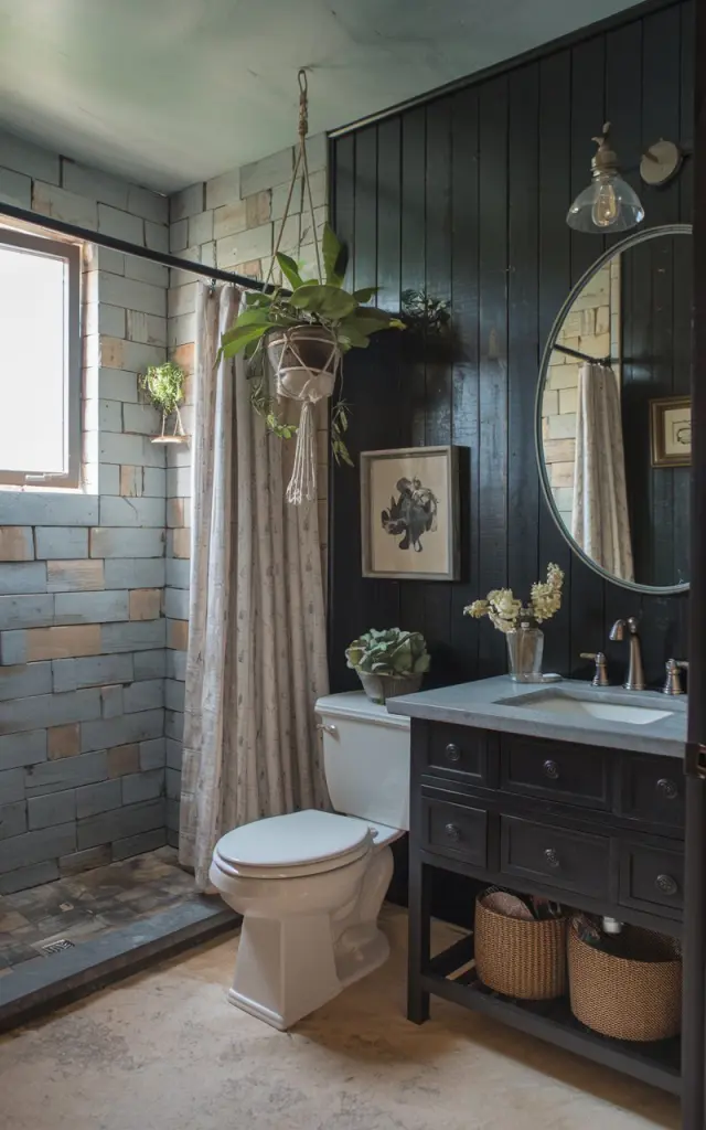A photo of a rustic Mediterranean bathroom with black wood paneled walls. The bathroom has a toilet, a vanity with a sink, and a shower area with a curtain. There is a hanging plant pot near the shower. The room has soft lighting.