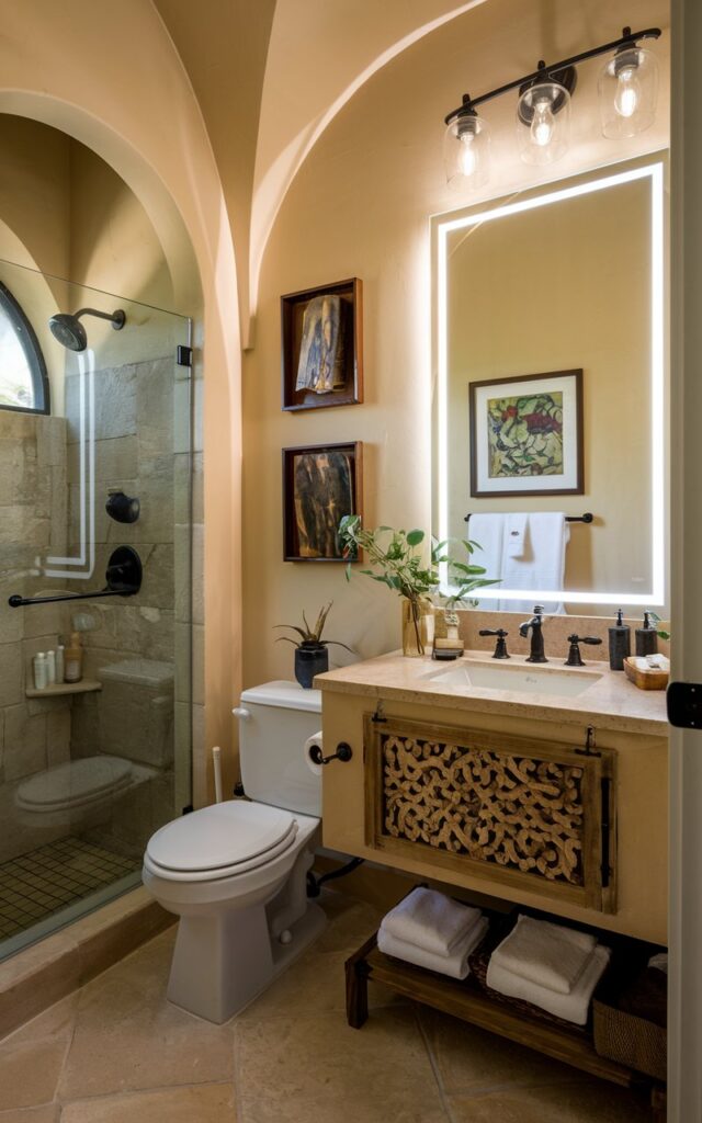 A photo of a Mediterranean-style small full bathroom with an LED backlit mirror and a vanity with essentials. The bathroom has a toilet, sink, and a separate shower area. The walls have art. The space is warm and inviting, and the lighting is from the LED sources.