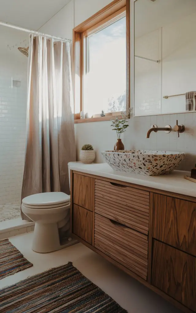 A photo of a mid-century modern + Alpine chic bathroom with a vanity featuring a terrazzo vessel sink. The bathroom has a toilet, a shower area, a curtained window, and a floor rug. The vanity and bathroom are fully furnished. Soft, ambient natural light illuminates the space.