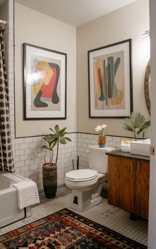 A photo of a mid-century modern bathroom with two abstract art pieces in black frames on the light walls. The bathroom is furnished with functional elements, including a toilet, sink, and bathtub. There is a small plant near the sink. The floor is covered with a patterned rug. The room is well-decorated and aesthetically pleasing.