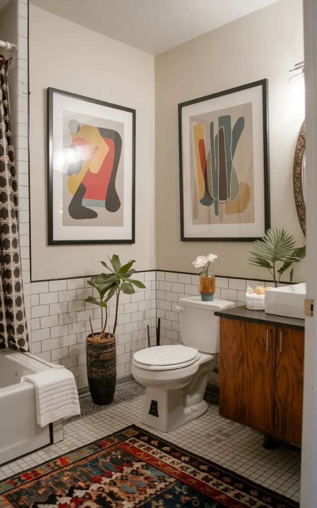 A photo of a mid-century modern bathroom with two abstract art pieces in black frames on the light walls. The bathroom is furnished with functional elements, including a toilet, sink, and bathtub. There is a small plant near the sink. The floor is covered with a patterned rug. The room is well-decorated and aesthetically pleasing.