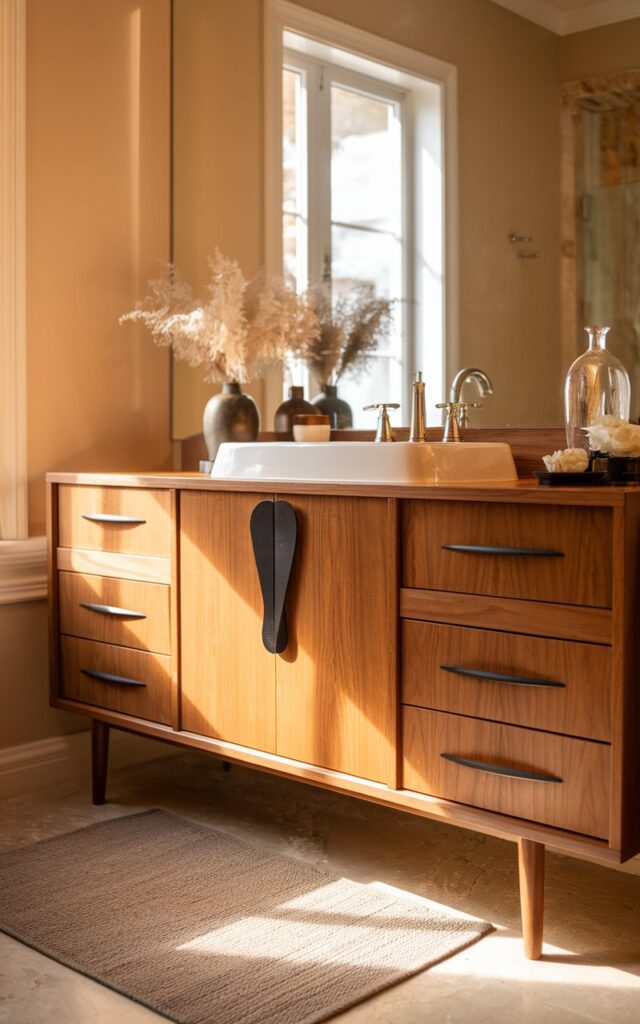 A photo of a mid-century modern bathroom vanity with a matte black designer handle. The vanity is fully furnished with a white sink and a few decorative items. The room has warm natural lighting, with a window behind the vanity letting in sunlight. The floor is covered with a beige rug. The walls are painted a soft beige color.