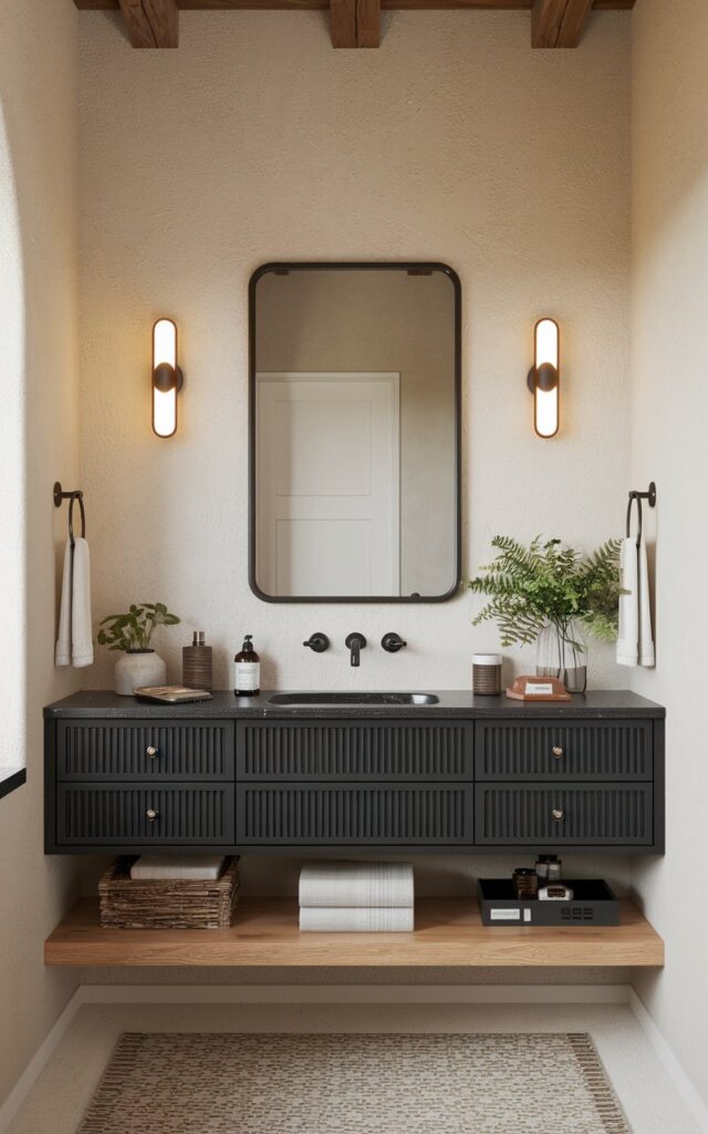 A minimalistic cottagecore style bathroom with a wall-mounted black vanity. The vanity is furnished with accessories, decor, and plants. There are wood accents. The walls are beige textured and have modern wall sconces with warm light.