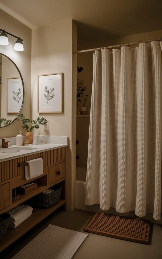 A photo of a minimalistic, cozy, five-star look bathroom with a vanity, a shower area with warm neutral linen, a waffle knit shower curtain, a bamboo bath mat, and a single art print or mirror above the vanity. The space is well decorated and neatly organized. The lighting is dimmable and warm.