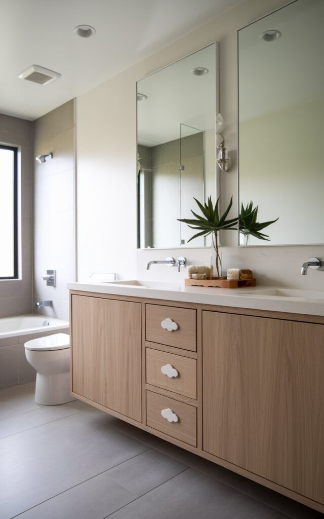 A photo of a minimalistic light oak vanity with cloud-shaped drawer pulls in a bathroom. The vanity has essential items, decor, a plant, etc. on it. The bathroom also has a bathtub and a toilet. There are recessed lights in the ceiling. The floor is tiled.