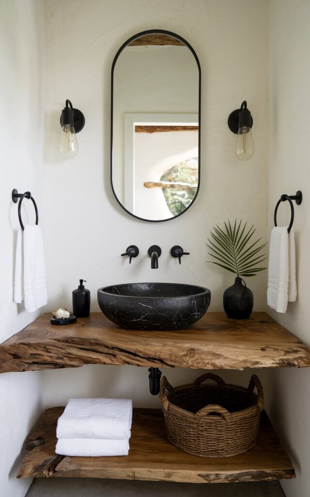 A photo of a minimalistic and rustic bathroom with a wood vanity and a black veined vessel sink for an ultra-modern sculptural look. The vanity has accessories and lighting.