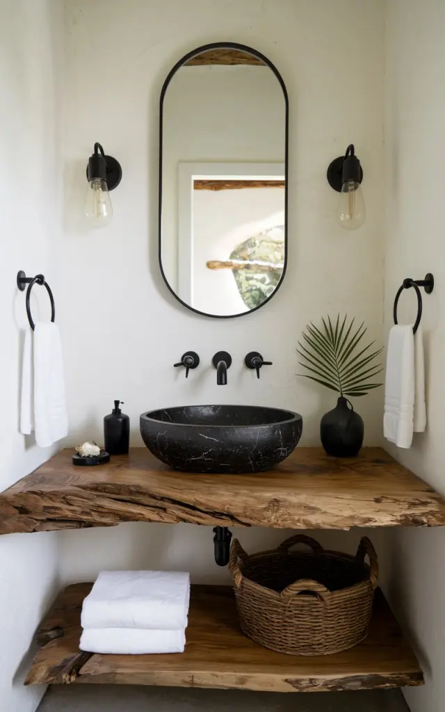 A photo of a minimalistic and rustic bathroom with a wood vanity and a black veined vessel sink for an ultra-modern sculptural look. The vanity has accessories and lighting.
