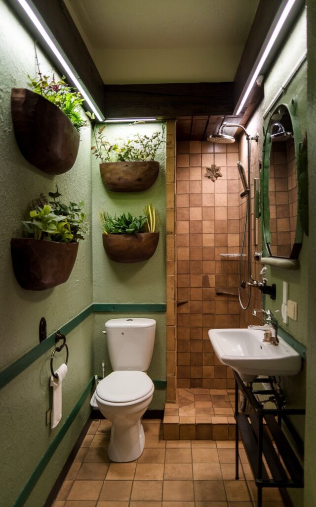 A stylish, small bathroom with a naturalist theme. There is a toilet, sink, and shower area. The walls have wall-mounted planters with greenery. The floor is tiled. There is a towel rack and a small shelf near the shower area. The space has ambient lighting.