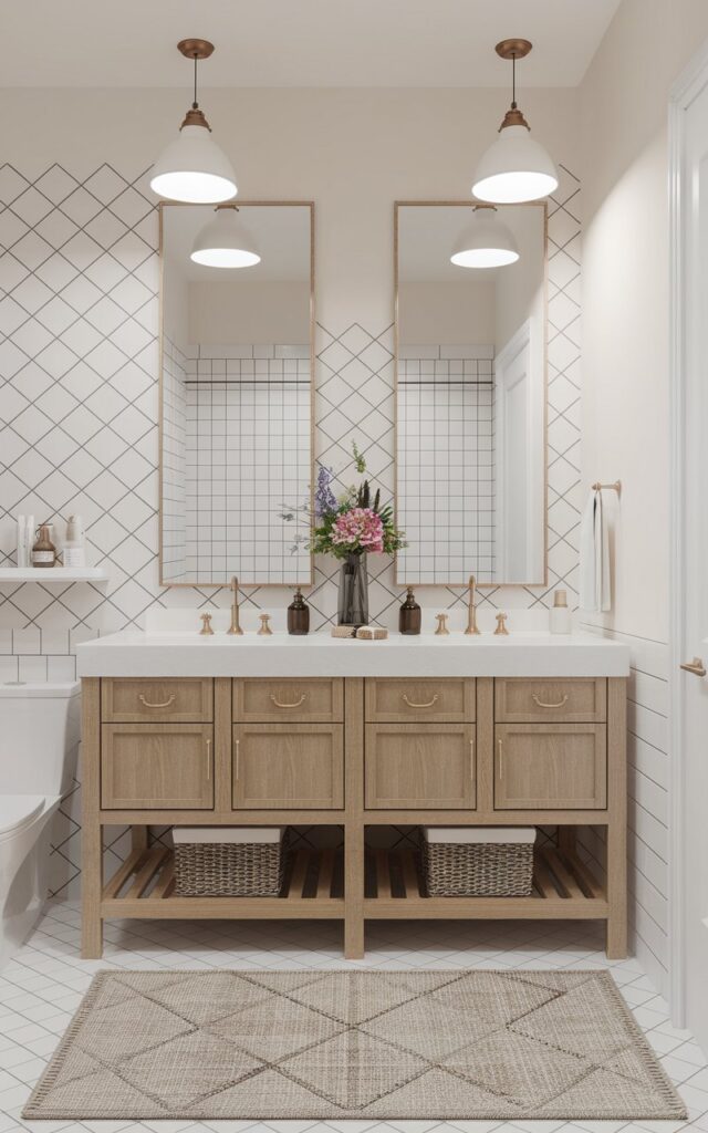 A Scandi farmhouse bathroom with a vanity holding a flower vase, containers, and essentials placed symmetrically on both sides. The vanity is symmetrically balanced, drawing the eye. The bathroom features a toilet, a rug, and walls with geometric tiles. The ceiling has pendant lights.