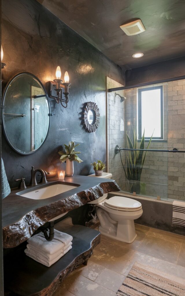 A photo of a Southwestern bathroom with a slate-coloured microcement wall and sconces. The bathroom is fully furnished and functional. The room features a live-edge wooden vanity with a white sink, a toilet, and a shower. There is a green plant near the window. The floor is covered with beige tiles. The walls have a few decorative items, including a mirror, a candle, and a small potted plant. The room has a warm and inviting atmosphere.