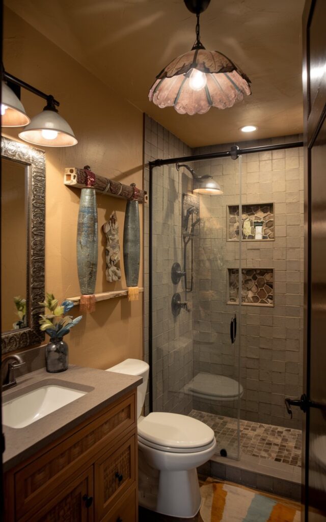 A photo of a small, full bathroom with a Southwestern and chic style. The bathroom has a layered lighting system, with a floral pendant light above the toilet, dimmable lights above the vanity, and LED niche lighting in the shower area. The space is well-furnished and well-decorated, with a vanity, a toilet, and a shower. The walls are painted in a warm, earthy hue.