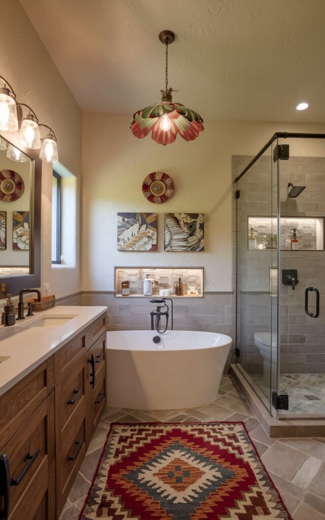 A Southwestern-chic small bathroom with a pop of color in accessories. The space is well-furnished and decorated, with a rustic vanity, a textured wall, floral pendant light and a patterned rug.