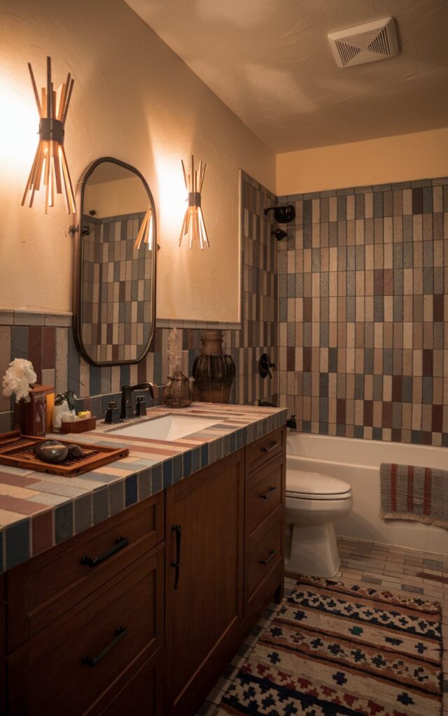 A photo of a Southwestern style bathroom with two sleek wall sconces with warm light on. The bathroom is fully furnished and well decorated, with a tiled backsplash, a vanity with a sink, a toilet, and a bathtub. The floor is covered with a patterned rug. There is no natural light in the bathroom.