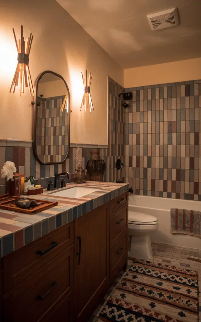A photo of a Southwestern style bathroom with two sleek wall sconces with warm light on. The bathroom is fully furnished and well decorated, with a tiled backsplash, a vanity with a sink, a toilet, and a bathtub. The floor is covered with a patterned rug. There is no natural light in the bathroom.