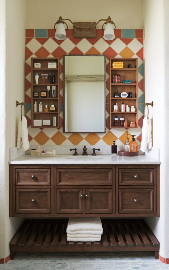 A Southwestern style bathroom vanity with a wall-mounted spice rack used for storing lotions, perfumes, or makeup. The vanity has a dark wood finish and a white marble countertop. Above the vanity, there is a framed mirror. The wall behind the vanity has a tiled backsplash with a pattern of orange, yellow, and blue squares.