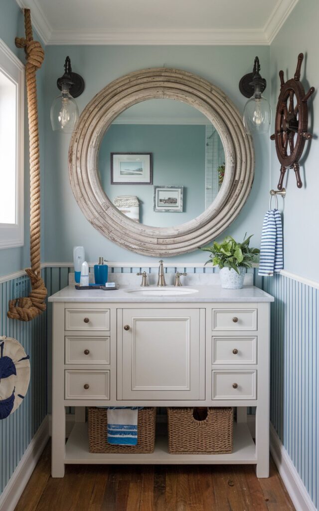 A photo of a traditional coastal bathroom with a large round mirror framed in weathered driftwood hanging above a classic white vanity. The vanity has a few toiletries and a potted plant. The walls are a soft blue. There are nautical accents, such as a rope-wrapped lamp and a ship's wheel. The floor is made of wood. The room is fully furnished.