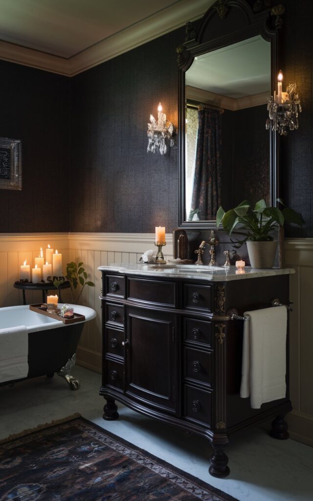 A photo of a Victorian-style bathroom with a dark brown vanity and marble countertop. The vanity is placed near a bathtub and has several decor items and essentials, such as a candle, a soap dish, a towel rack, and a potted plant. The walls have a dark hue wallpaper. There is a rug on the floor. The room is lit with a few candles placed on a side table beside the bathtub. The ambiance is warm and intimate.