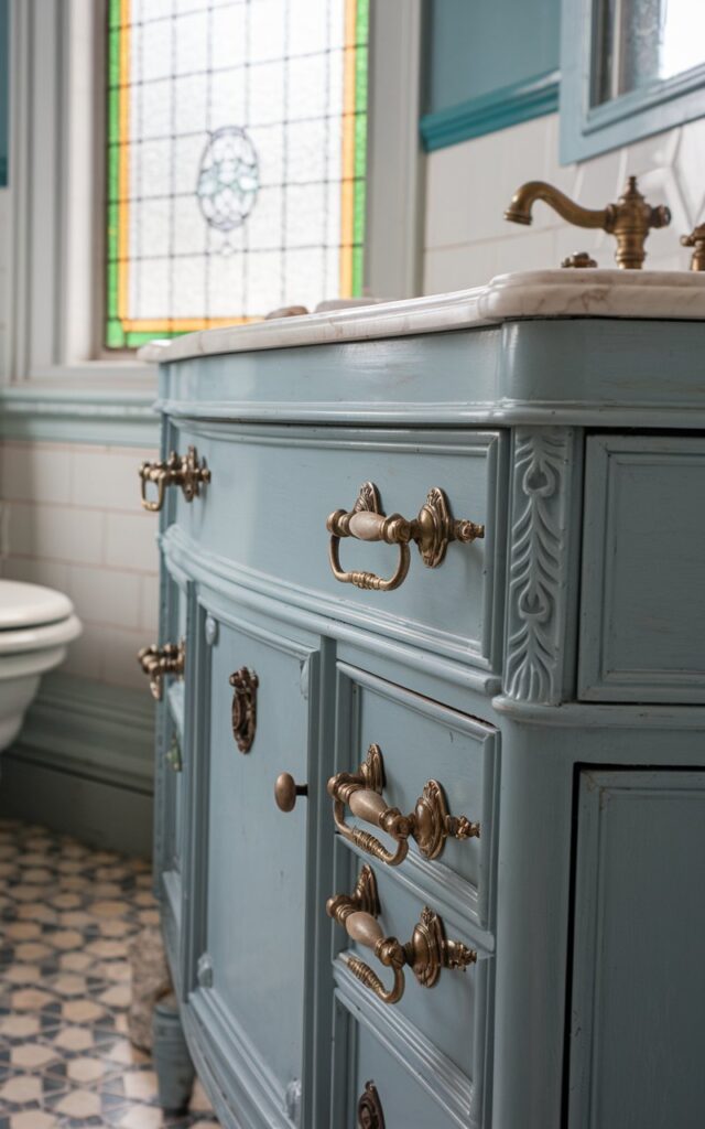 A photo of a Victorian-style bathroom with a vintage vanity. The vanity has a marble top and is painted in a light blue hue. The room has a window with a stained-glass design. The floor has a patterned tile design. The focus of the photo is the brushed brass handles on the vanity.