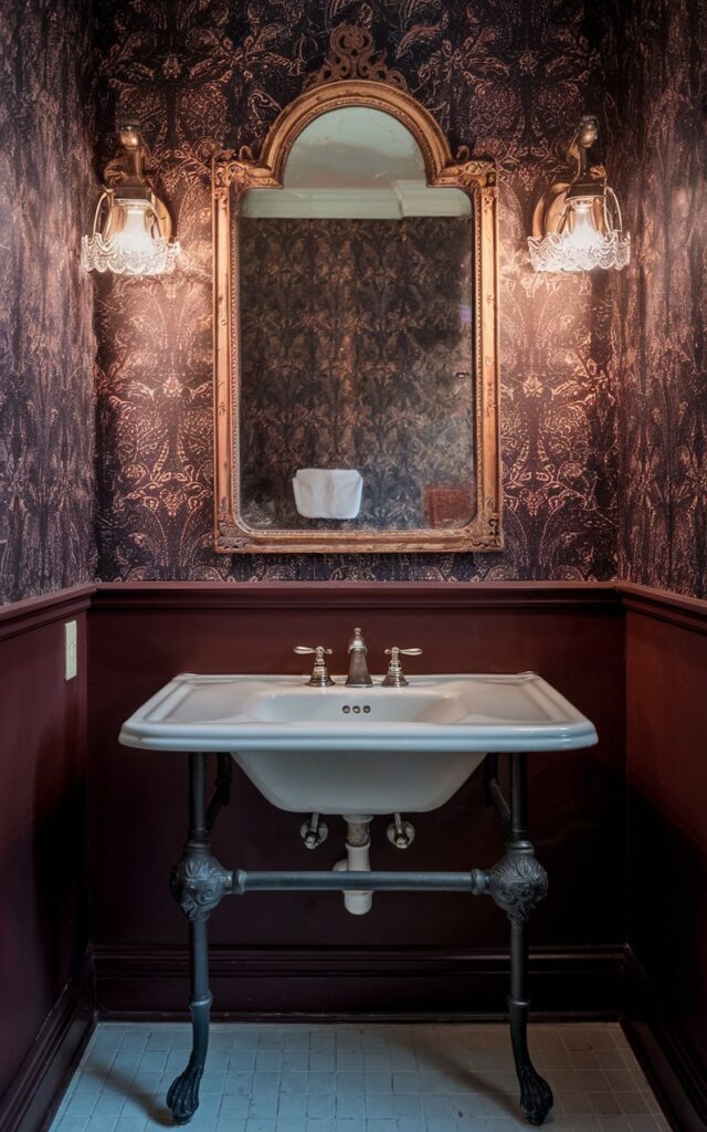 A photo of a Victorian-style bathroom with a repurposed vintage mirror. The mirror has an ornate gold frame and hangs above a classic white porcelain sink with intricate clawfoot details. The sink is placed on a dark wood base. The wall behind the mirror is covered with patterned wallpaper in deep jewel tones. The room is furnished with a vintage-style lighting fixture that casts a soft, warm light. The floor is tiled.