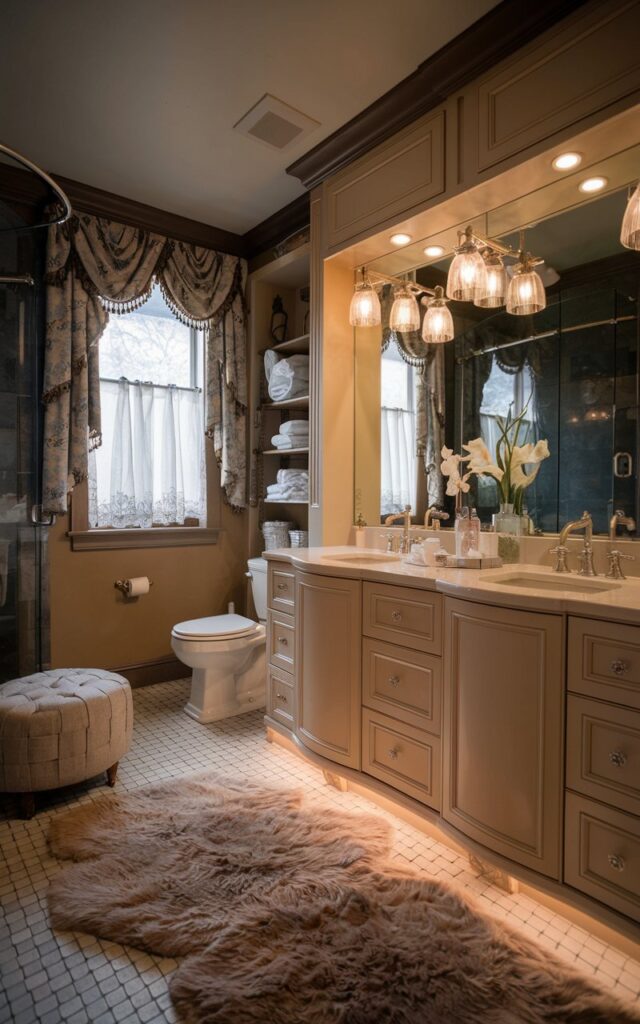 A photo of a Victorian-style bathroom with a double vanity, under-cabinet warm lighting, and no natural light. The bathroom has a toilet, shower area, curtained windows, a fluffy floor rug, an ottoman, and other luxurious touches.