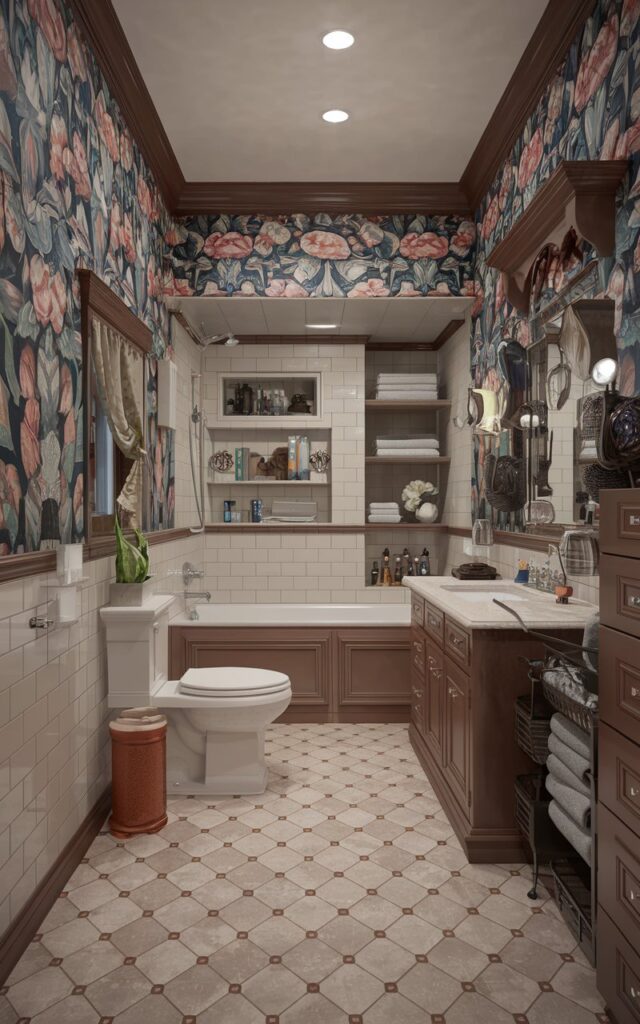 A Victorian-style bathroom with bold, floral wallpaper on the walls. The floor has neutral-toned large format tiles. The bathroom contains a toilet, a bathtub, a vanity, and shelves. The space is well decorated and organized. There are also a few decorative items, such as a plant and a lamp. The room has a window with a curtain.