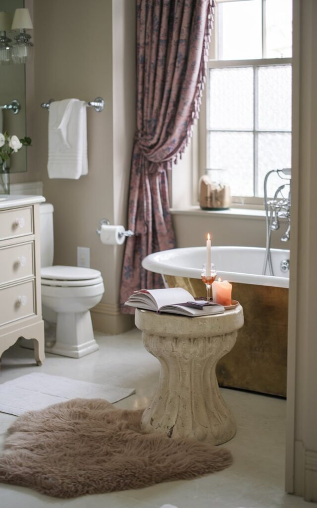 A photo of a charming Victorian-style bathroom with a sculptural stool placed beside a bathtub. The stool has a book, a glass of wine, and a candle. The bathroom has a toilet, a vanity, a curtained window, a fluffy floor rug, etc. The space is well decorated and neatly organized. The natural light is soft, even, and filtered.