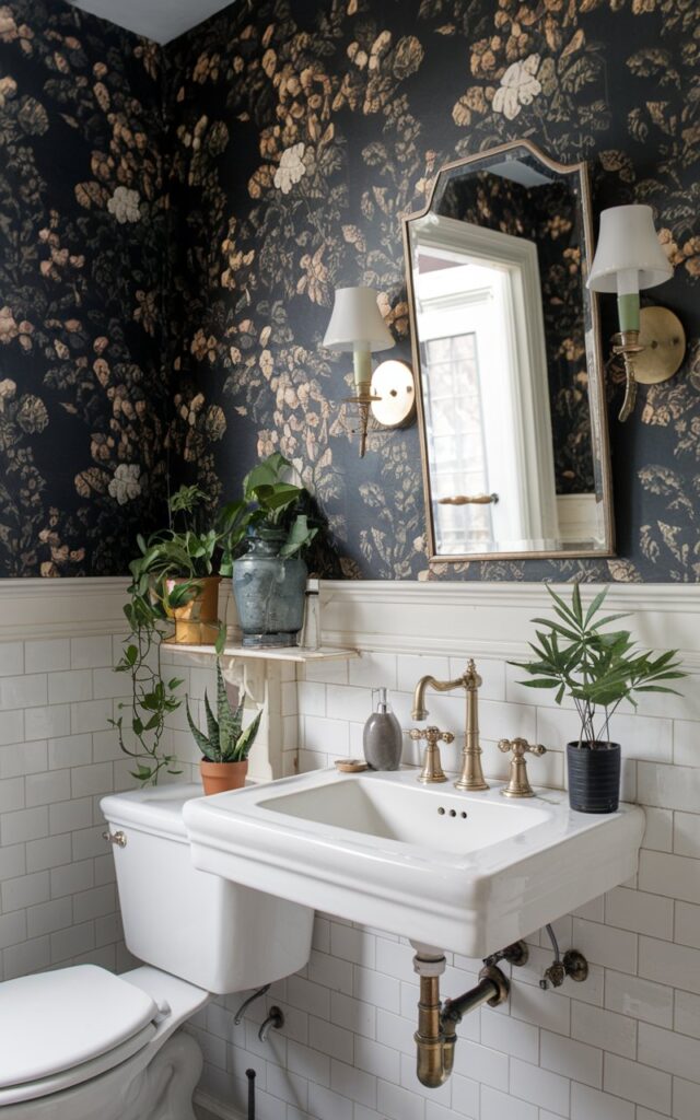 A photo of a Victorian style half bathroom with black floral wallpaper. The space has a white sink, a brass faucet, a vintage mirror, wall sconces, and a toilet.