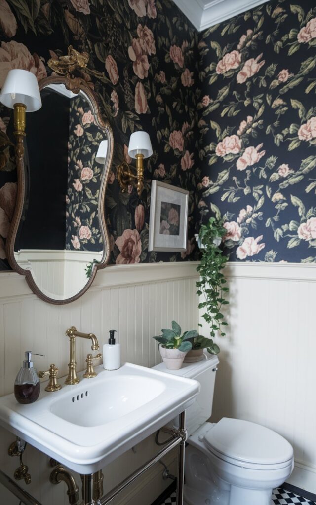 A Victorian-style half bathroom with black floral wallpaper on the upper half of the room. The space has a white sink, a brass faucet, a vintage mirror, wall sconces, and a toilet. There are also a few plants in the room.