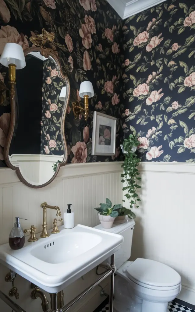 A Victorian-style half bathroom with black floral wallpaper on the upper half of the room. The space has a white sink, a brass faucet, a vintage mirror, wall sconces, and a toilet. There are also a few plants in the room.