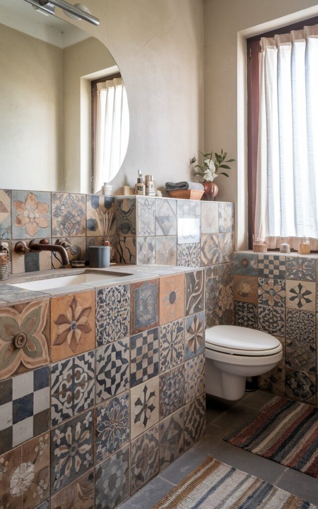 A photo of a bathroom with a backsplash made from patchwork mismatched tiles. The tiles have hand-painted designs in sun-washed hues and earthy tones. The tiles have a slightly worn, handmade look. The bathroom has a fully furnished vanity with a mirror, a toilet, a curtained window, and a floor rug. The natural light is soft and ambient.